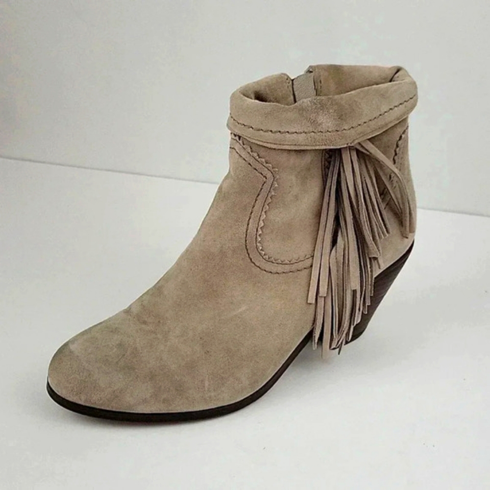 Sam Edelman Louie Fringed, Heeled Ankle Boot Taupe Size 8